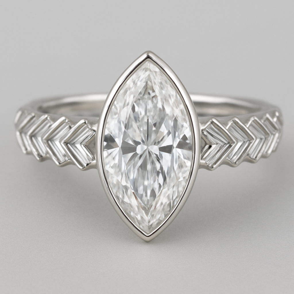 Bezel set 6 carat marquise diamond center stone with baguette diamonds in a herringbone pattern in the band