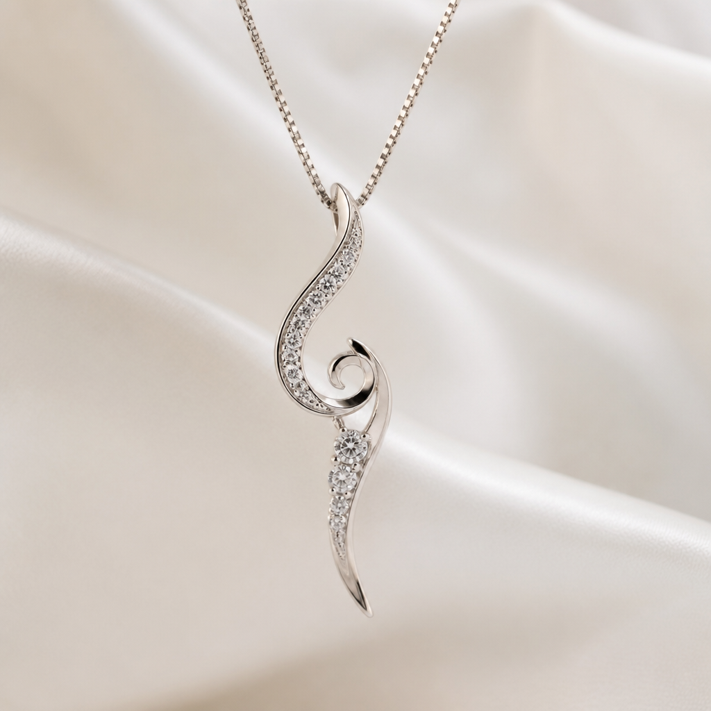 A abstract women's pendant made of white gold with diamond stones suitable for daily wear, minimalist, simple and delicate, clean lines. เอาลายไทยมาเป็นส่วนประกอบ, cost 10,000฿
photorealistic jewelry design, A abstract women's pendant made of white gold with diamond stones suitable for daily wear, minimalist, simple and delicate, clean lines. เอาลายไทยมาเป็นส่วนประกอบ, cost 10,000฿, abstract style, just the design no text