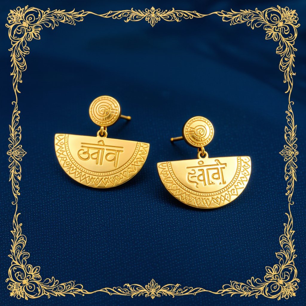 Серьги золотые в форме полукруга, полукруг как продолжение застежки, на полукруге надписи мантрами на санскрите