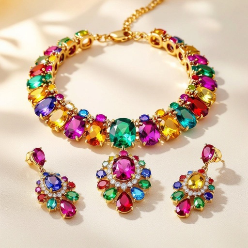 Necklace and ring and earring with luxury colorful jewel with gold