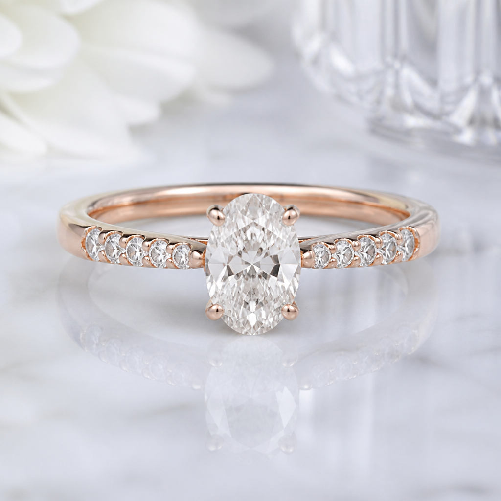 A modern women's ring with diamond stones suitable for wedding. The design is created using an oval diamond of 0.70 ct as the center stone.
photorealistic jewelry design, A modern women's ring with diamond stones suitable for wedding. The design is created using an oval diamond of 0.70 ct as the center stone., modern style, just the design no text