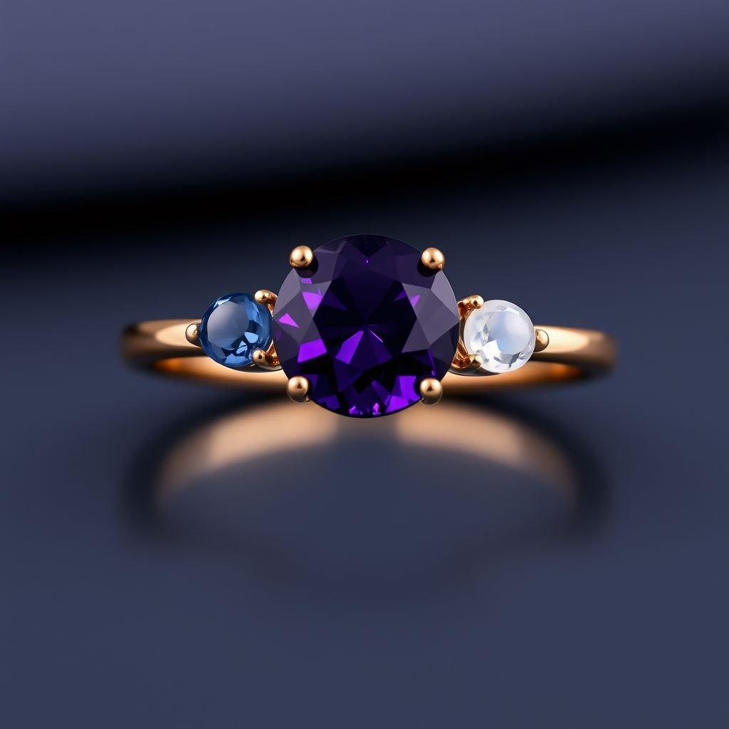 A simple, three stone 18 karat rose gold engagement ring set with a circular purple alexandrite. Also set with a small half moon cut blue chalcedony on one side right next to it, and a small half moon cut moonstone set on the other side right next to it. On the inside of the band, it has an inscription reading, “Tuum. Et in hac vita et in altera.”