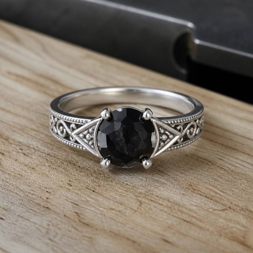 A women's ring made of silver, detailed and decorative, moderately ornate. take this black onyx and make some triangles outside the stone on either side out of silver
using the attached image as a visual reference, create A women's ring made of silver, detailed and decorative, moderately ornate. take this black onyx and make some triangles outside the stone on either side out of silver. photorealistic, just the design no text