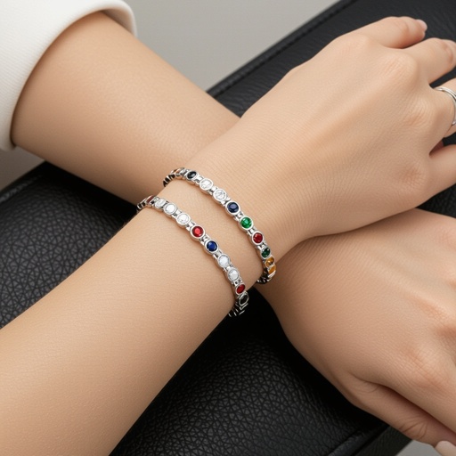 Luxury unisex bracelet with a sterling silver chain, small natural gemstones (black, white, blue, red, green) inserted directly into the links, elegant and modern design