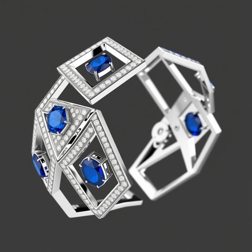 Geomatric architecture shape bracelet of white diamonds and sapphire