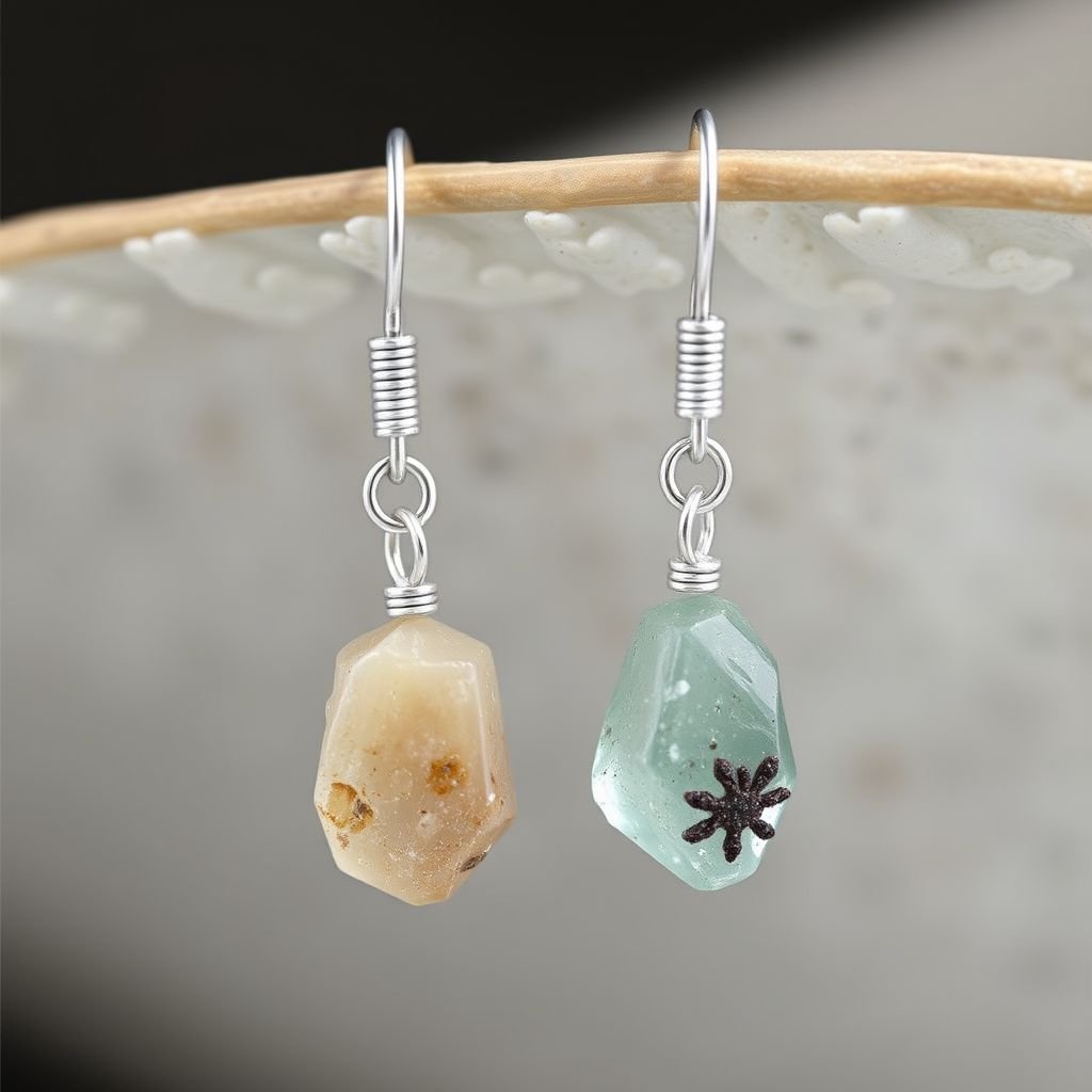 Earrings, Silver minimal, raw gemstone, elegant 