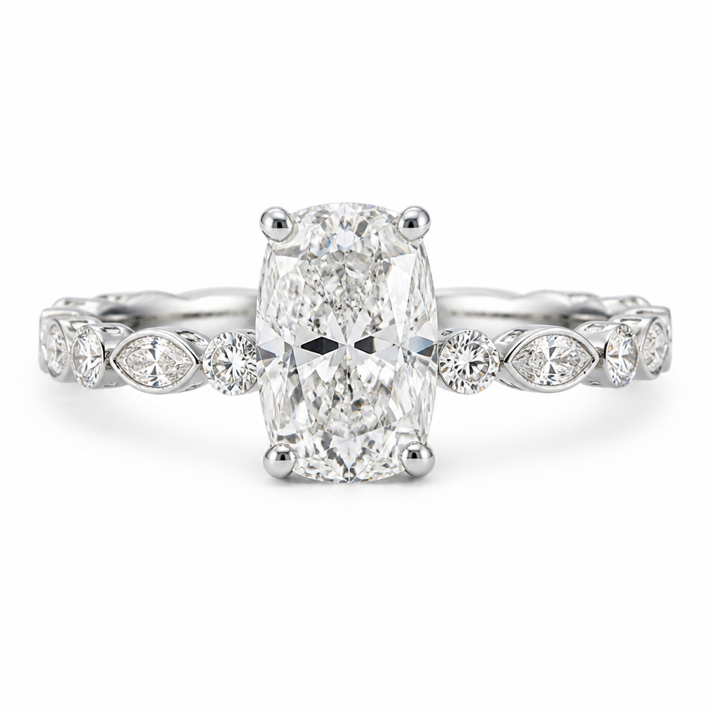 Engagement ring with an elongated cushion as the center stone, and a 3/4's band with rounds and marquise diamonds, alternating shapes on the band. 14k white gold . low profile setting
photorealistic jewelry design, just the design, no text, 14K white gold engagement ring, low profile setting. Elongated cushion diamond center stone. Band with alternating round and marquise diamonds, 3/4 coverage.