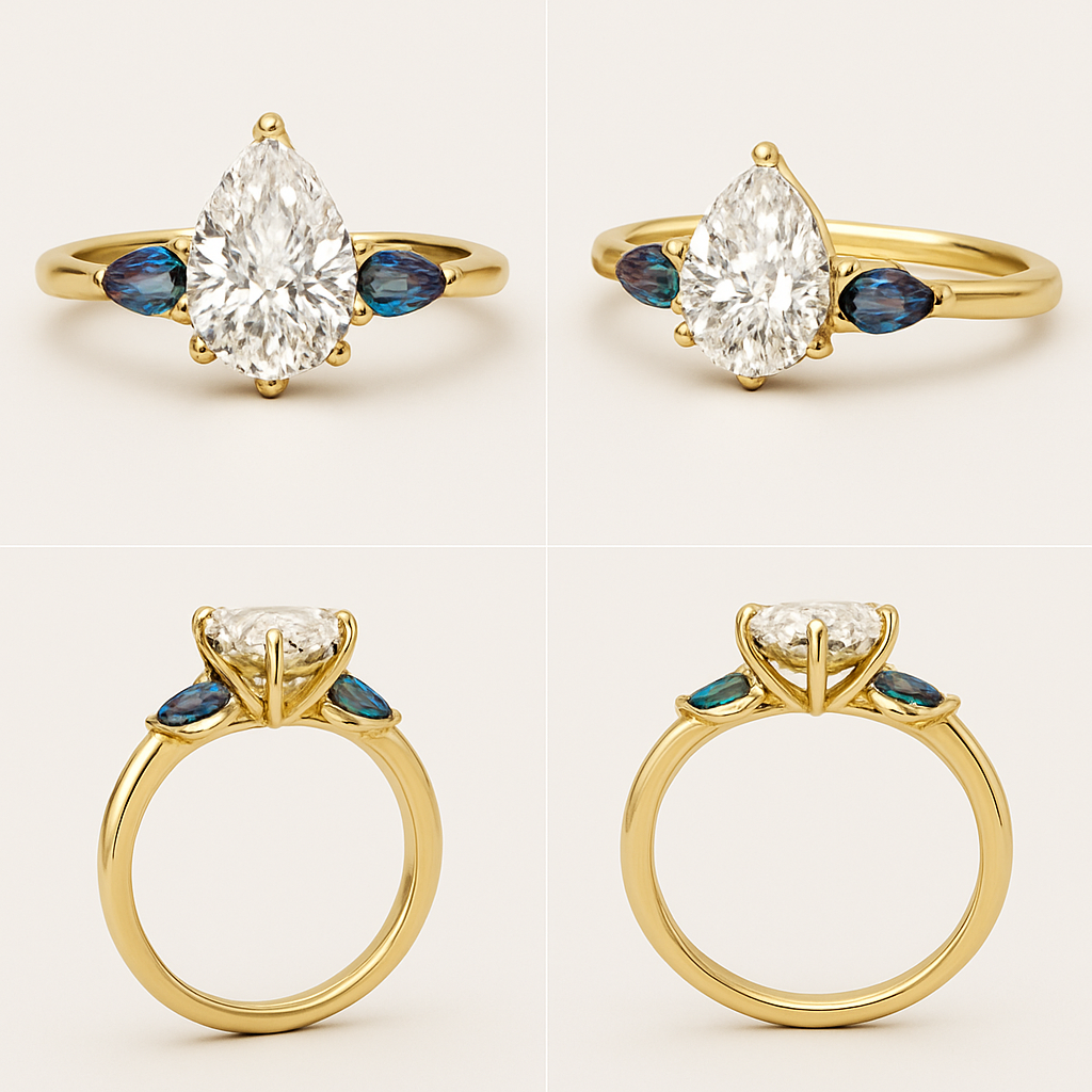 2 carat pear cut diamond engagement ring set in yellow gold with marquise shaped alexandrite side stones full design from all angles