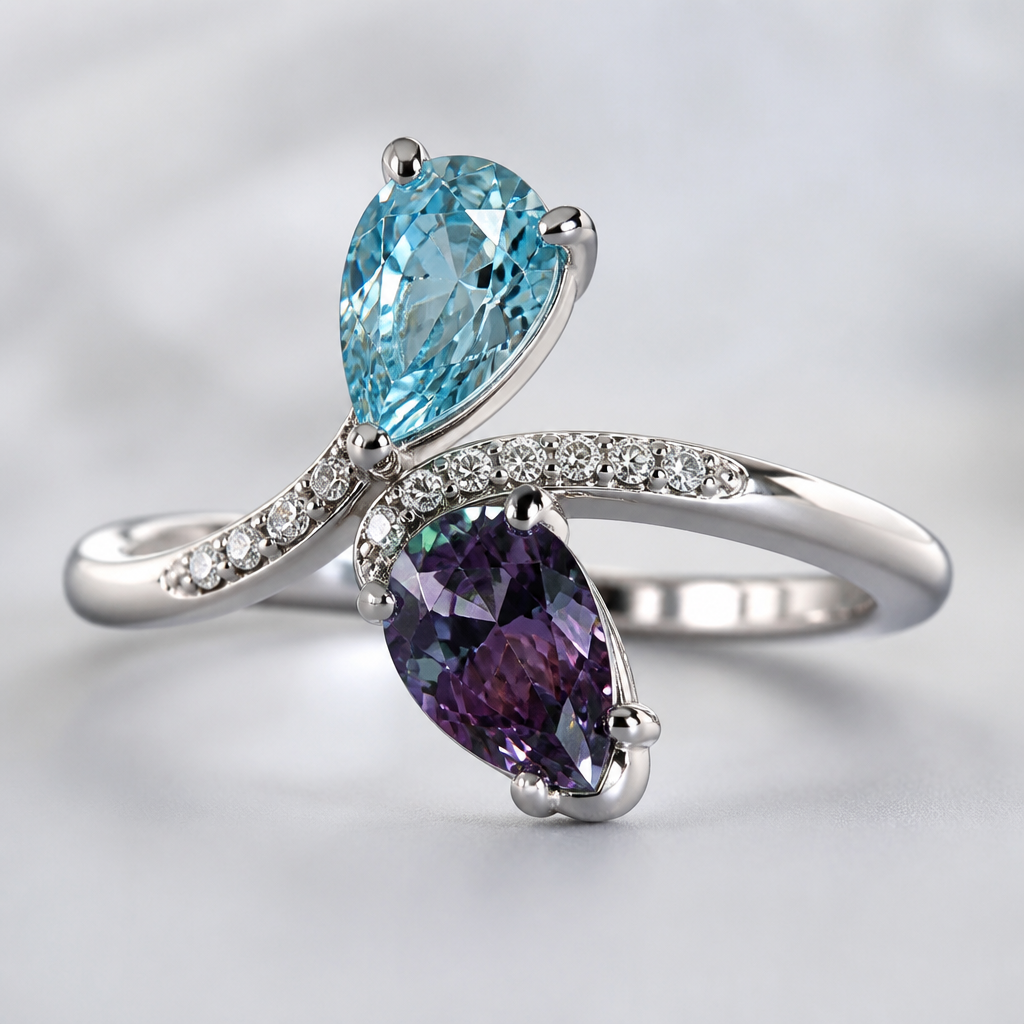 White gold ring with pear shape stones - one blue topaz and one alexandrite
photorealistic jewelry design, White gold ring with pear shape stones - one blue topaz and one alexandrite , just the design no text