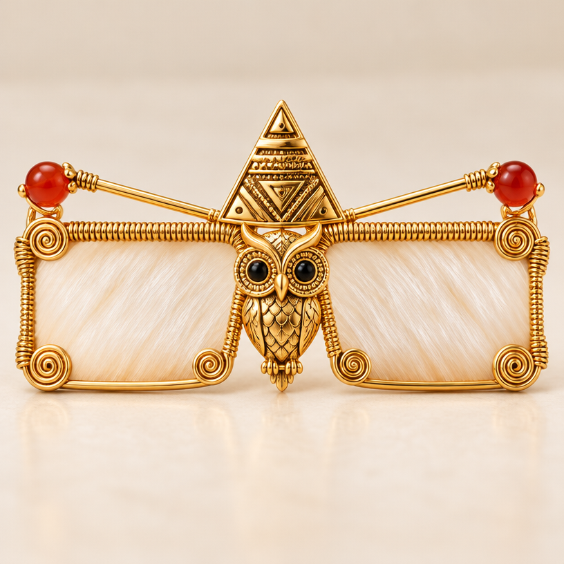 A tribal men's brooch made of gold. owl pendant at the center of the glasses
using the attached image as a visual reference, create A tribal men's brooch made of gold. owl pendant at the center of the glasses. photorealistic, just the design no text