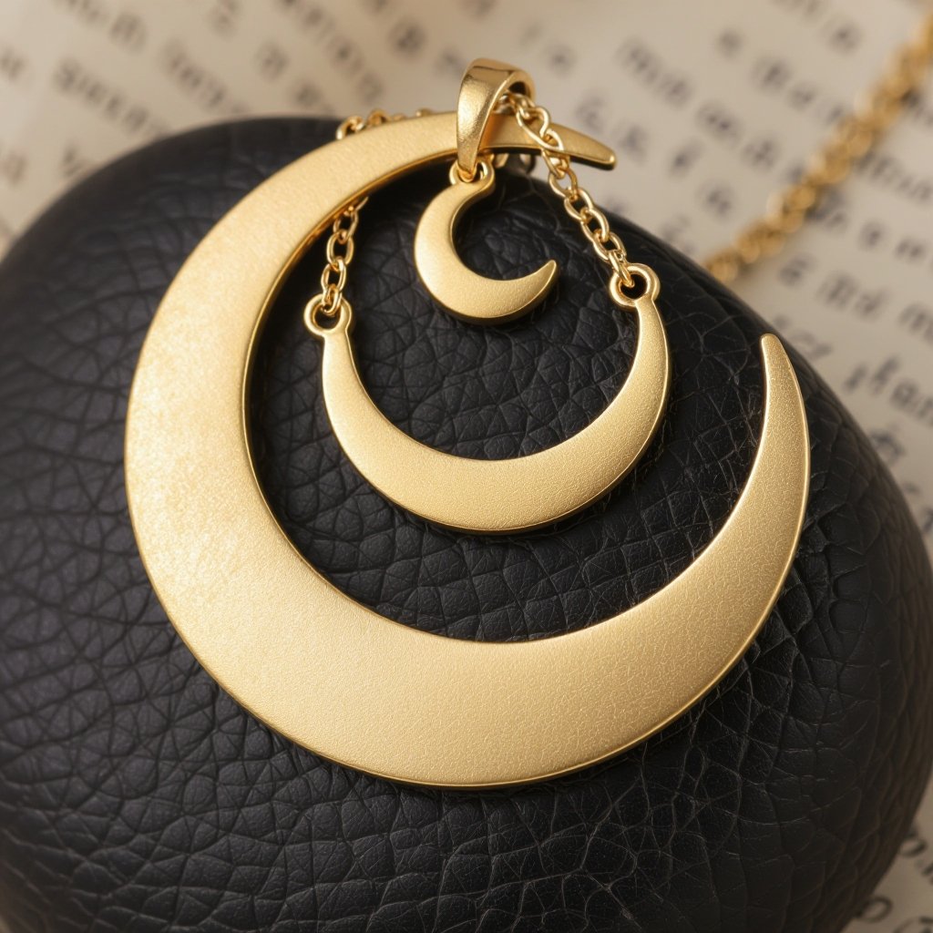 Подвеска из трех полумесяцев из матового неровного светлого золота с узорами соединенных цепочкой сверху самый широкий полукруг дальше средний и снизу самый маленький