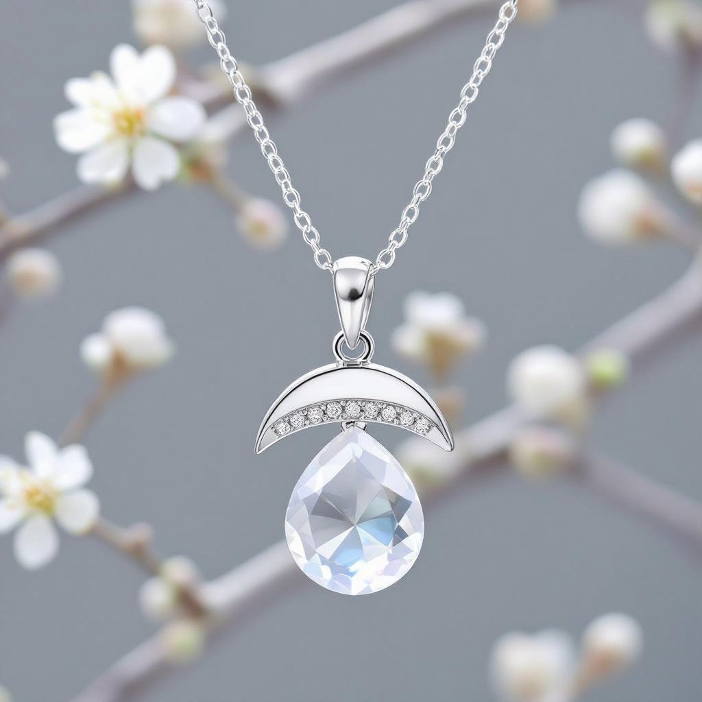 Луна полумесяцем с мелкими камушками и маленький в виде кристала лунный камень подвеска