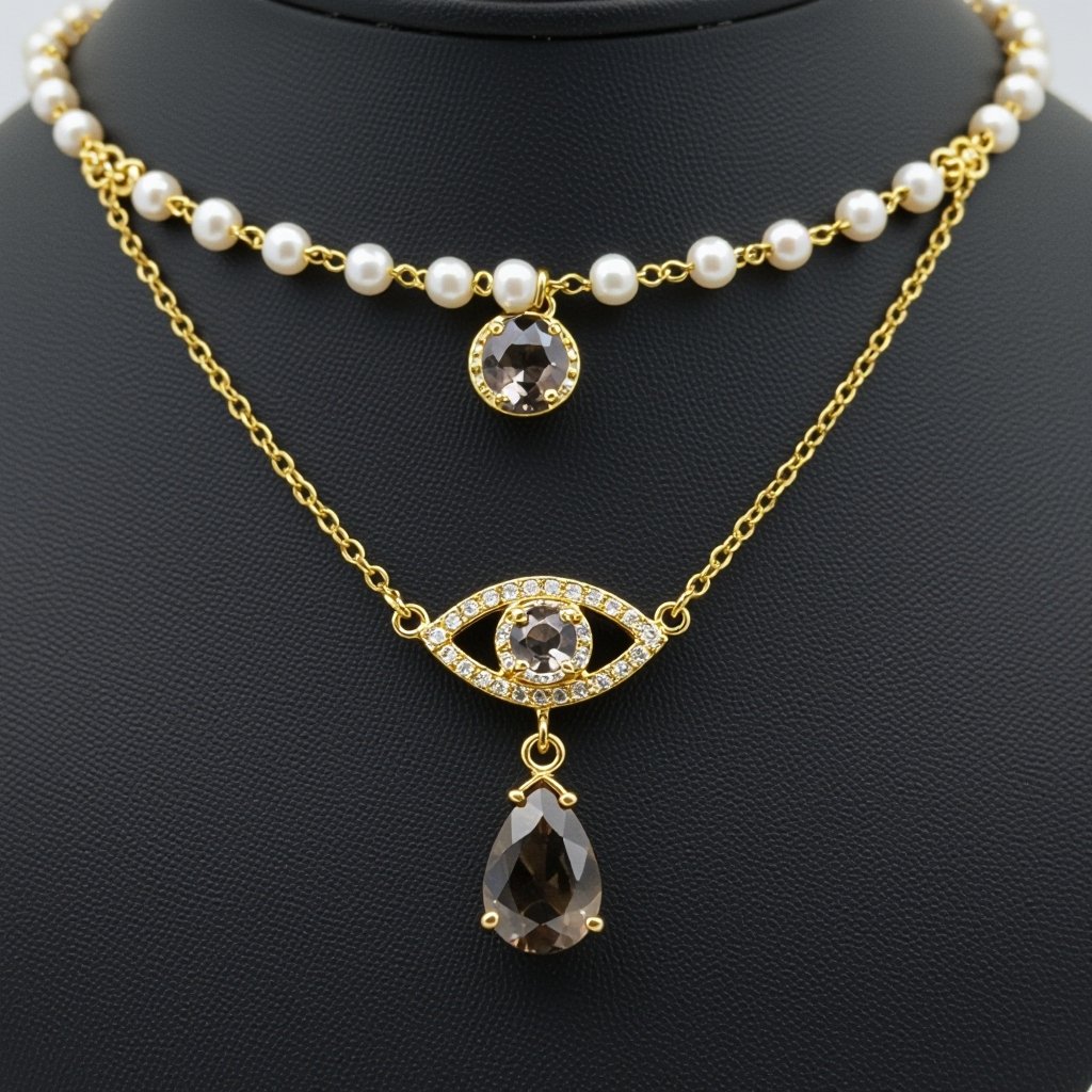 Тонкая цепочка с золотыми шариками и мелкими жемчужными камушками на цепочке есть кулон в форме глаза, зрачок глаза из раухтопаза от глаза идет маленькая подвеска с маленьким камушком 