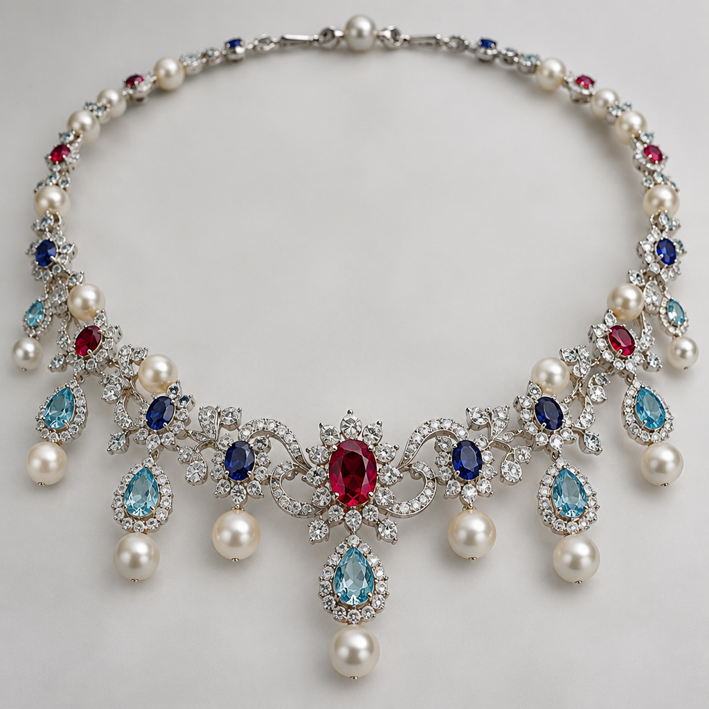 A pearl-adorned women's necklace made of white gold with ruby and sapphire and aquamarine and pearl and diamond stones
photorealistic jewelry design, A pearl-adorned women's necklace made of white gold with ruby and sapphire and aquamarine and pearl and diamond stones, pearl_adorned style, just the design no text