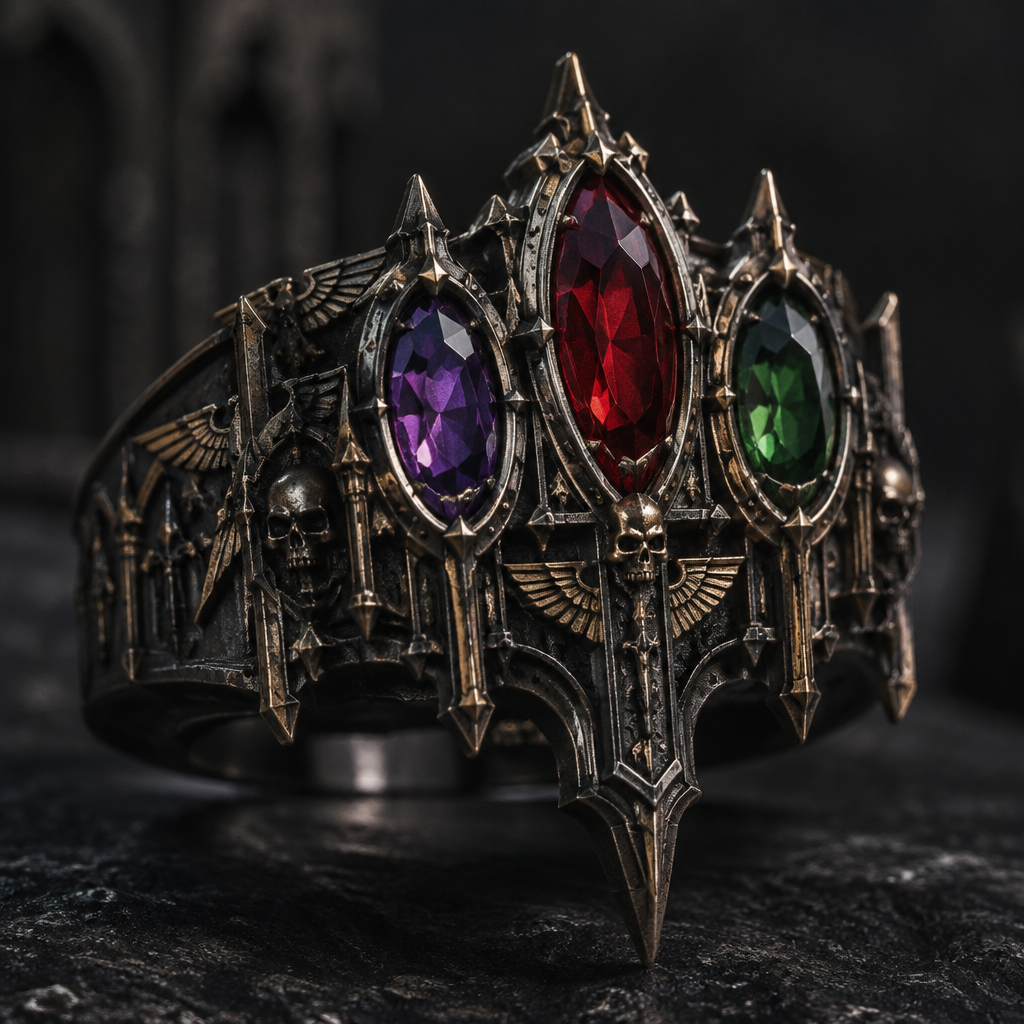 I want a ring with three stones, purple, green, red. And I want it to be overly gothic, kinda like the universe Warhammer 40K
photorealistic jewelry design, I want a ring with three stones, purple, green, red. And I want it to be overly gothic, kinda like the universe Warhammer 40K, just the design no text