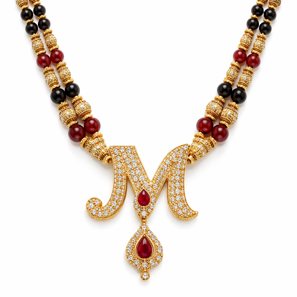 Wedding chain which comes with m shape locket and red, gold and black colour balls should be coming both sides locket
