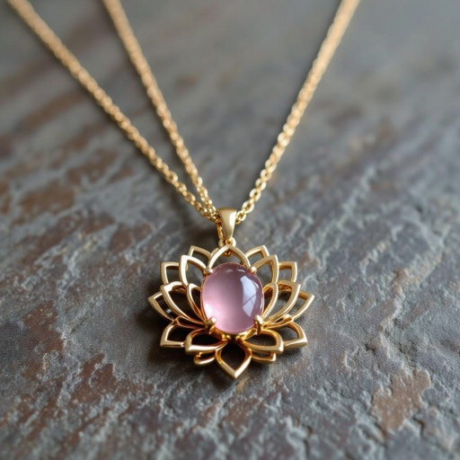 Золотая матовая цепочка. Подвеска матовая лотос шесть лепестков нижние лепестки крупнее верхних  не круглый . В сердце лотоса матовый розовый кварц овальный
