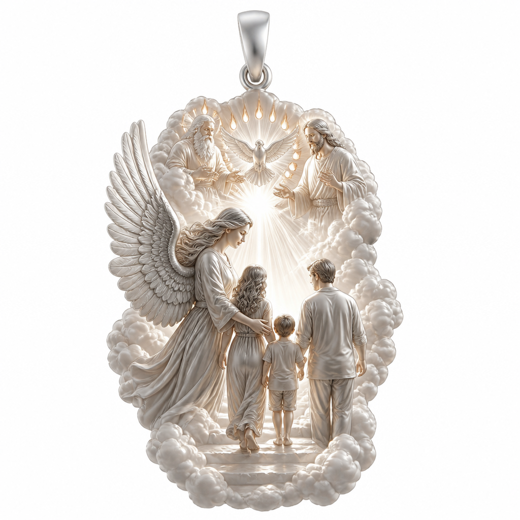 A modern women's pendant made of silver suitable for festival. An extraordinary excellent beautiful delicate and elegant pendant with the Guardian Angel with a beautiful delicate and elegant face, with long hair, with big wings flying, with a beautiful delicate elegant and with beautiful curves at her body, with a beautiful delicate and elegant tunic holding a child and an adult with its hands protecting them and guiding them on the way of the Holy Trinity. Sawing the way of the Holy Trinity in front of them God the Father, God the Son and God the Holy Spirit, the Holy Spirit to be as an Angel with a dove under the Angel surrounded by tongues of fire radiating light to the persons and the Guardian Angel, without the surrounding metals of the pendant. All the persons and the surrounding area to be 3D like statues. With less metal of the pendant and more accurate persons and only the persons and the clouds and the rayes of light. Less metal at the pendant and more 3D persons to be seen all the persons 3D. The persons to be sawn going straight on the way to the Holy Trinity. Part of the face of the persons to be seen.