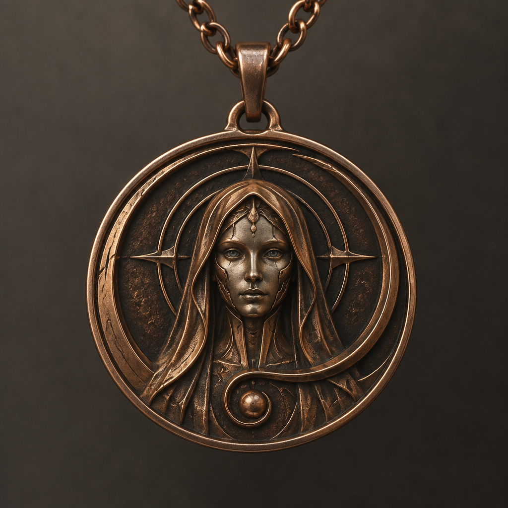A gothic women's necklace made of copper suitable for daily wear. a spiral with a android woman with vail facing foward on a coin style
photorealistic jewelry design, A gothic women's necklace made of copper suitable for daily wear. a spiral with a android woman with vail facing foward on a coin style, gothic style, just the design no text