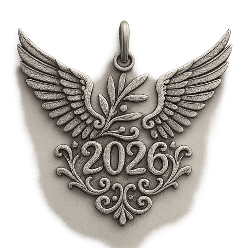 Slim silver cut-out charm only with  two spread out bird wings, an olive branch and  along year 2026