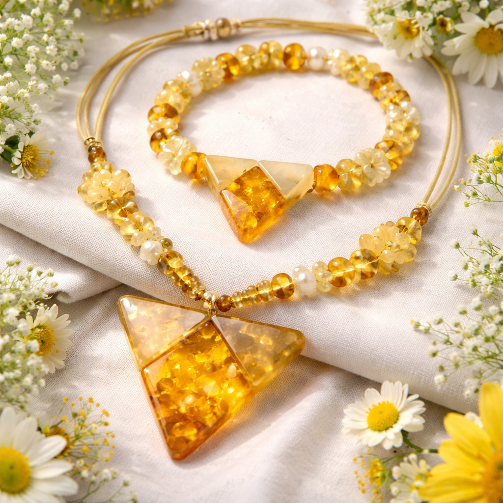 Tik gintaro karolis ir apyrake moteriai, geltona balta su idomiu dizainu be metalu pavasarines nuotaikos trikampio forma