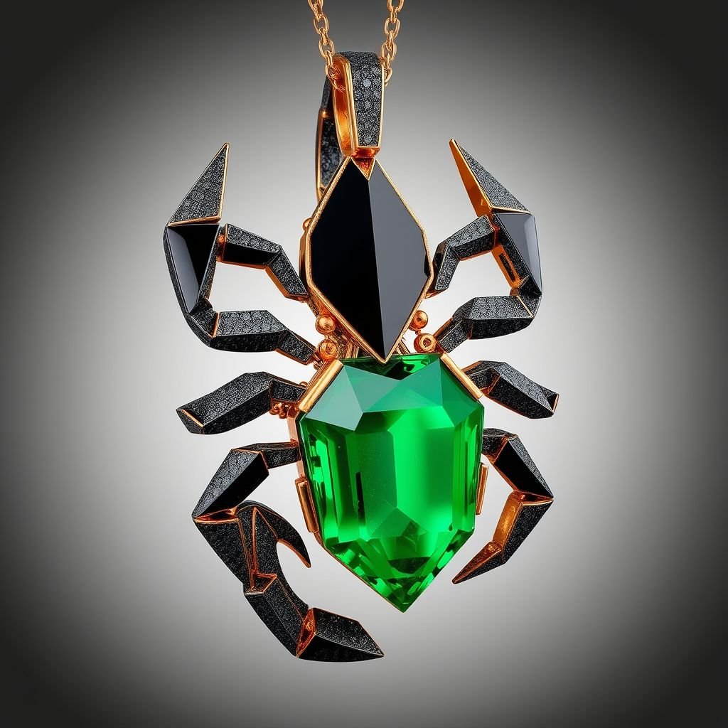 Geomatric modern scorpion pendant of black diamonds gold accents for contrast. Incorporate a single, oval-cut gemstone-perhaps a striking emerald-set at an unconventional angle, creating a bold focal point that exudes contemporary elegance and sophistication.
