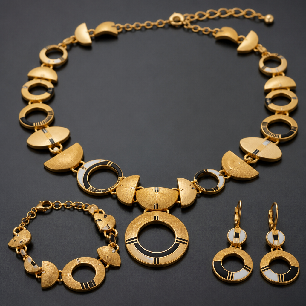Prompt: A luxurious 21k gold jewelry set consisting of a necklace, bracelet, and earrings. The design is a sophisticated blend of semicircles and circular rings. The gold has a rich, deep yellow color with a distinct matte texture and soft satin finish. Decorated with intricate, delicate enamel work (enameling) in contrasting solid black and pure white colors. High-end jewelry design, professional macro photography, soft studio lighting highlighting the matte gold texture and sharp enamel details, minimalist dark grey background, 8k resolution. --ar 4:3 --v 6.0