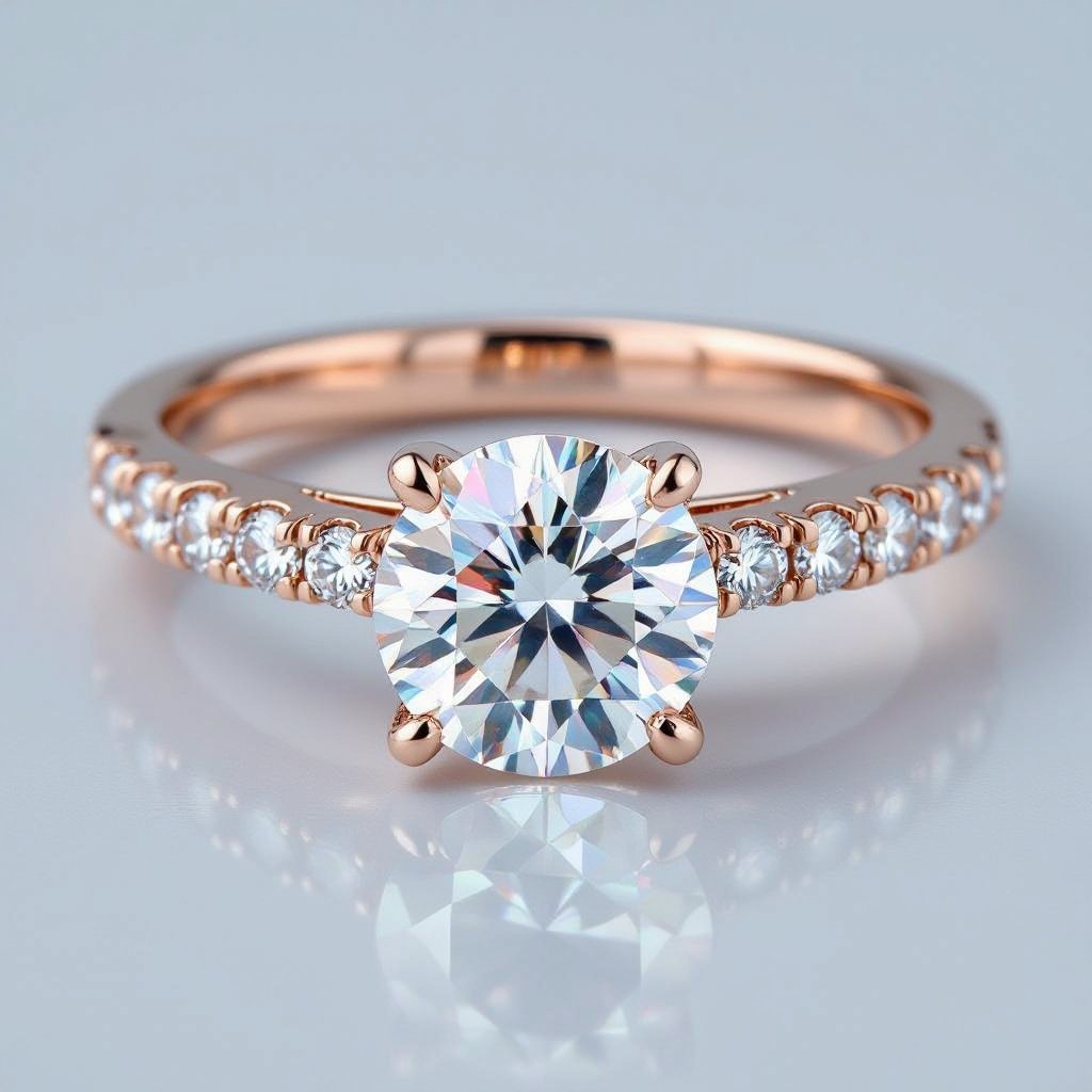 Rose gold ring with one big diamond at the center and 9 little diamonds on each side 