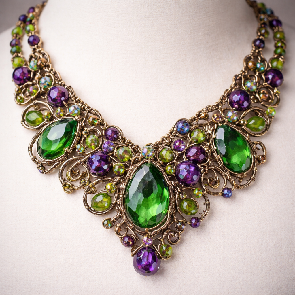 A statement necklace using green and purple beads