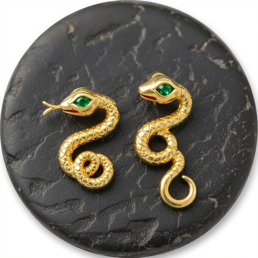 Небольшие золотые матовые серьги в виде символической змеи