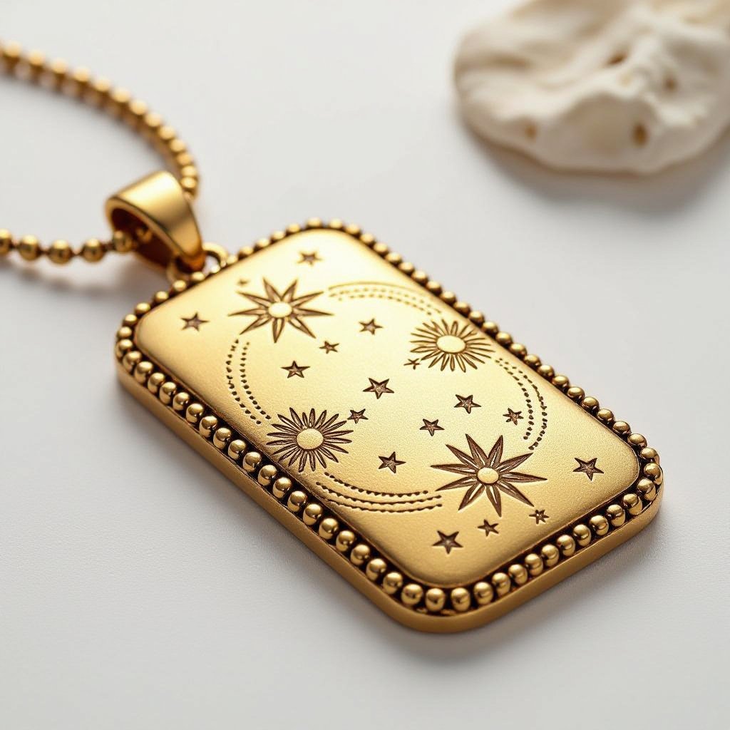 Золотой матовый медальон в форме неровного прямоугольника с округлыми краями. По краям выпуклые точки сплошной линией. На прямоугольнике разные мелкие узоры вырезаны. Символически изображена земля и звезды