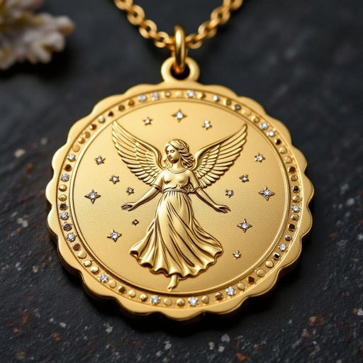 Золотой матовый медальон в форме круга с неровными краями. По краям выпуклые точки сплошной линией. На круге выгравирован ангел без фигуры, видно только крылья и украшен миниатюрными камнями