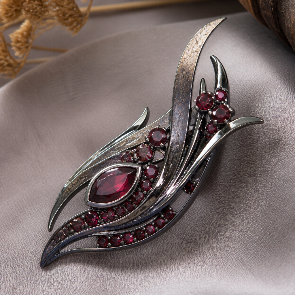 A bespoke/custom women's brooch made of titanium with garnet and ruby stones suitable for gift, detailed and decorative, moderately ornate
photorealistic jewelry design, A bespoke/custom women's brooch made of titanium with garnet and ruby stones suitable for gift, detailed and decorative, moderately ornate, bespoke_custom style, just the design no text