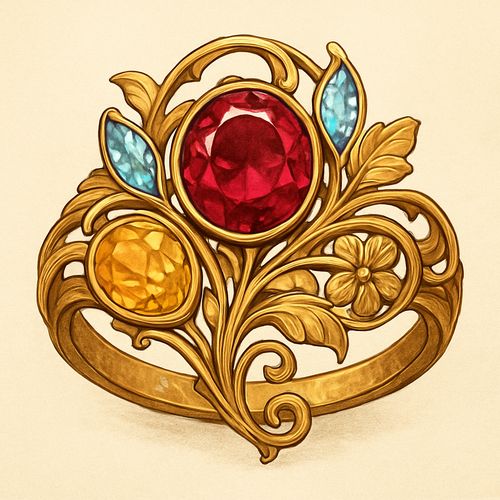 Ruby with citrine and topaz inlays with nature themes