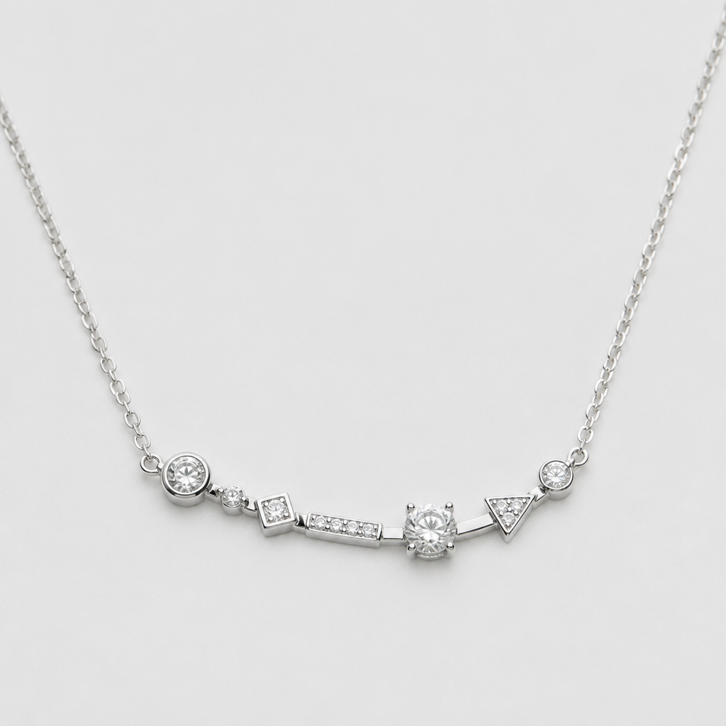 A minimalist women's necklace made of silver with diamond stones. Collier minimaliste simple avec diamant, utilisé plusieurs formes géométriques pour un côté moderne, en restant delicat et avec des détails léger
photorealistic jewelry design, A minimalist women's necklace made of silver with diamond stones. Collier minimaliste simple avec diamant, utilisé plusieurs formes géométriques pour un côté moderne, en restant delicat et avec des détails léger, minimalist style, just the design no text