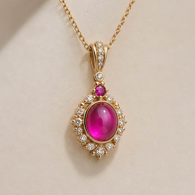 A minimalist women's pendant with ruby stones suitable for daily wear, detailed and decorative, moderately ornate
using the attached image as a visual reference, create A minimalist women's pendant with ruby stones suitable for daily wear, detailed and decorative, moderately ornate. photorealistic, just the design no text