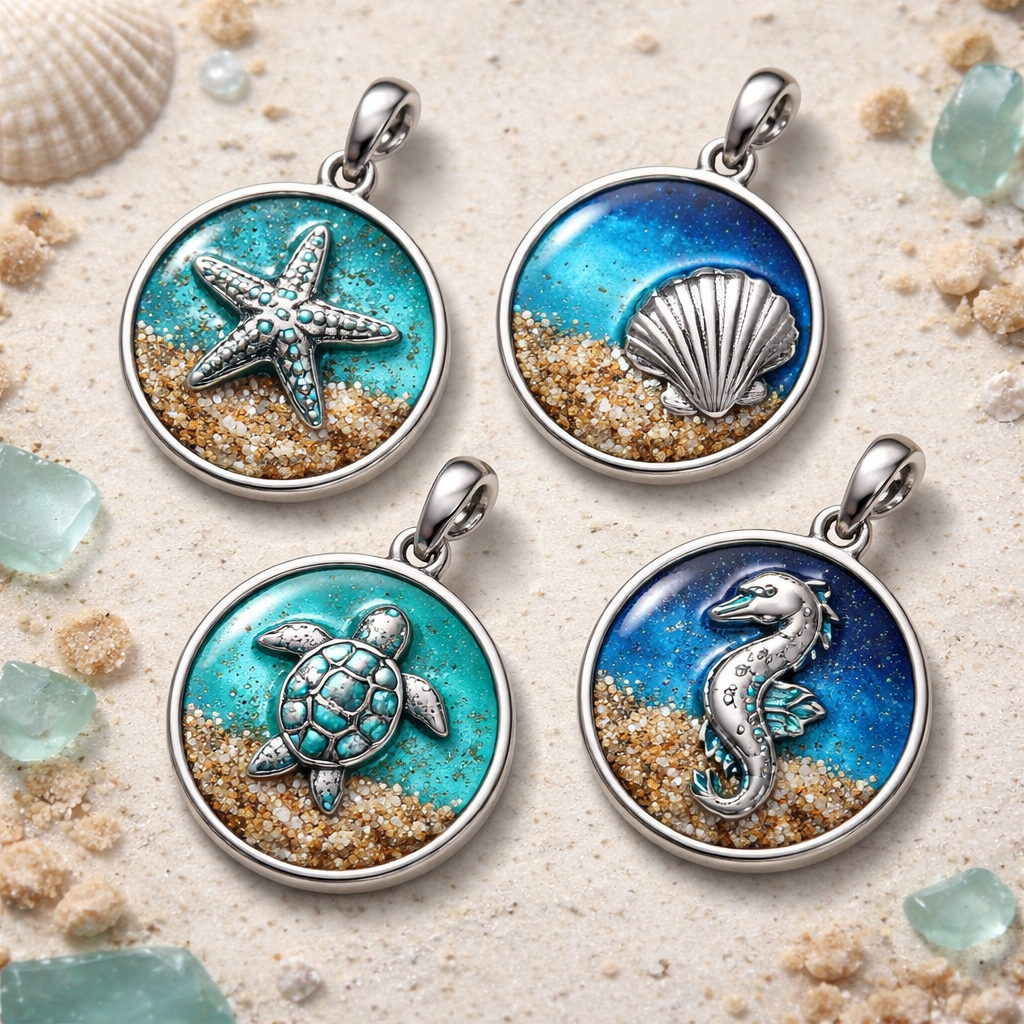 Circle charms silver de figuras de mar con arena y enamels