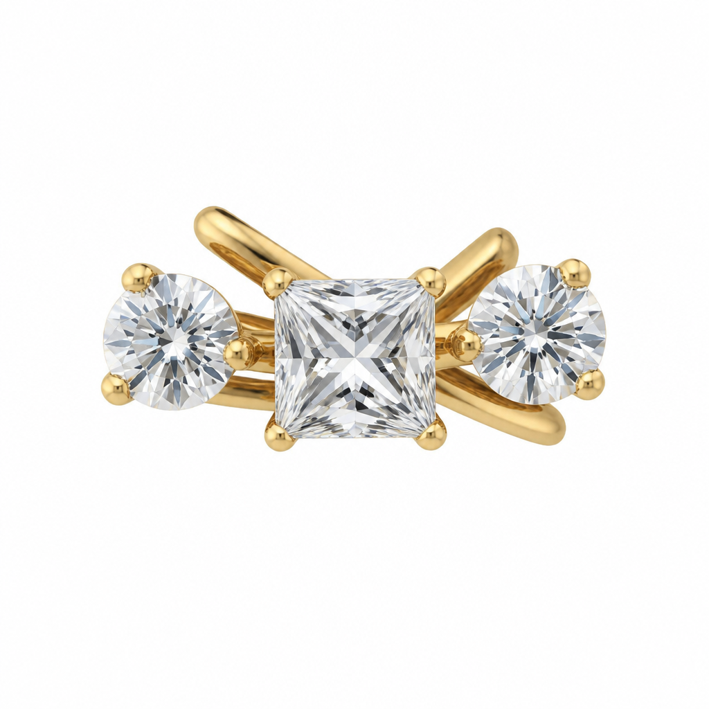 Two round and one princess cut diamonds in yellow gold
photorealistic jewelry design, Two round and one princess cut diamonds in yellow gold
, contemporary style, just the design no text