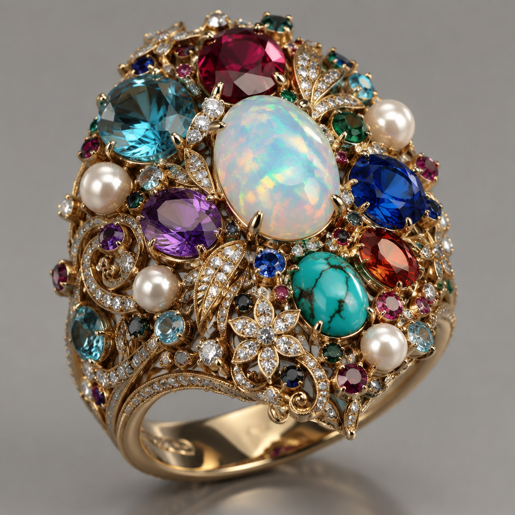 A statement women's ring with diamond and topaz and opal and aquamarine and garnet and turquoise and amethyst and sapphire and emerald and pearl and ruby stones, highly ornate, intricate and elaborate, richly detailed
photorealistic jewelry design, A statement women's ring with diamond and topaz and opal and aquamarine and garnet and turquoise and amethyst and sapphire and emerald and pearl and ruby stones, highly ornate, intricate and elaborate, richly detailed, statement style, just the design no text