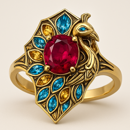 Ruby engagement ring with at least 10 citrine and topaz inlays with peacock themes
