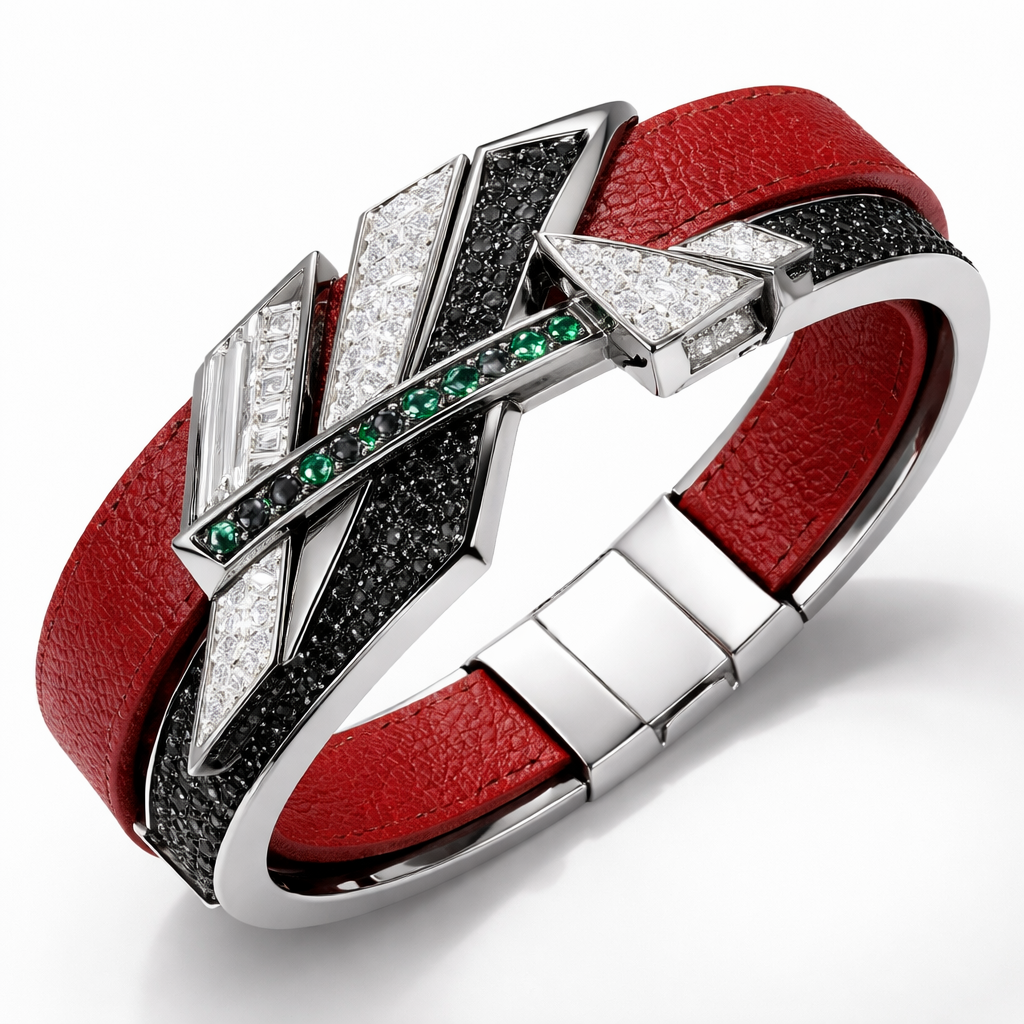 Modern Geomatric red leather bangle of architecture and bold and edgy shape and elements of white and black diamonds for unisex of white background addind small green stones
