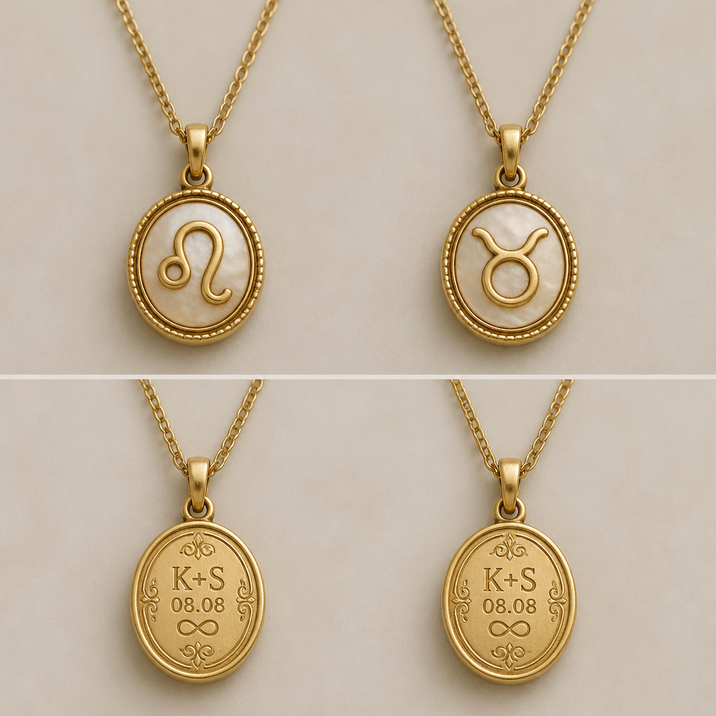 Design a pair of gold necklaces for me; one with a Leo zodiac stone and the other with a Taurus zodiac stone. Both necklaces should be elegant and simple. The back of the necklace pendants should have K+S 08.08 and an infinity symbol.
photorealistic jewelry design, Design a pair of gold necklaces for me; one with a Leo zodiac stone and the other with a Taurus zodiac stone. Both necklaces should be elegant and simple. The back of the necklace pendants should have K+S 08.08 and an infinity symbol., vintage style, just the design no text