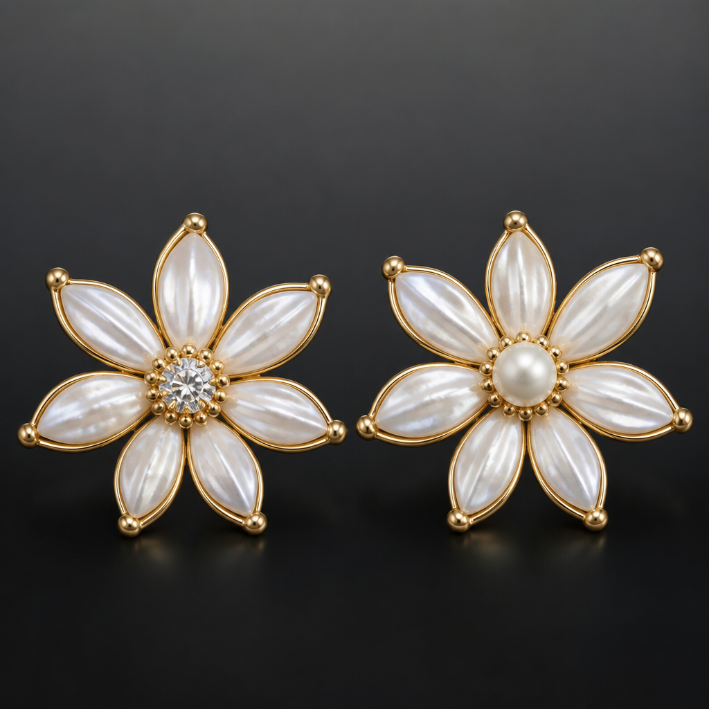 Creat a pearl based jasmine sambac flower with gold frame and diamond in the midle and another one with a pearl in the middle
photorealistic jewelry design, Creat a pearl based jasmine sambac flower with gold frame and diamond in the midle and another one with a pearl in the middle
, classic style, just the design no text