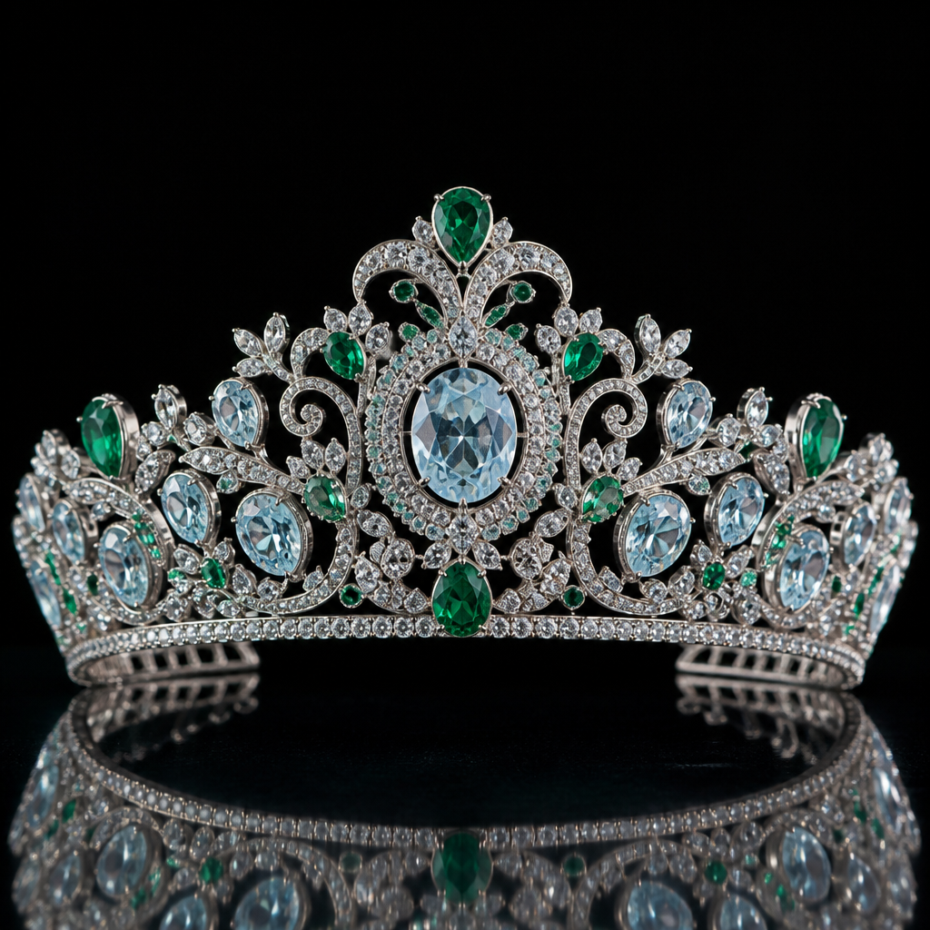 A women's tiara with aquamarine and emerald and diamond stones, highly ornate, intricate and elaborate, richly detailed
photorealistic jewelry design, A women's tiara with aquamarine and emerald and diamond stones, highly ornate, intricate and elaborate, richly detailed, modern style, just the design no text
