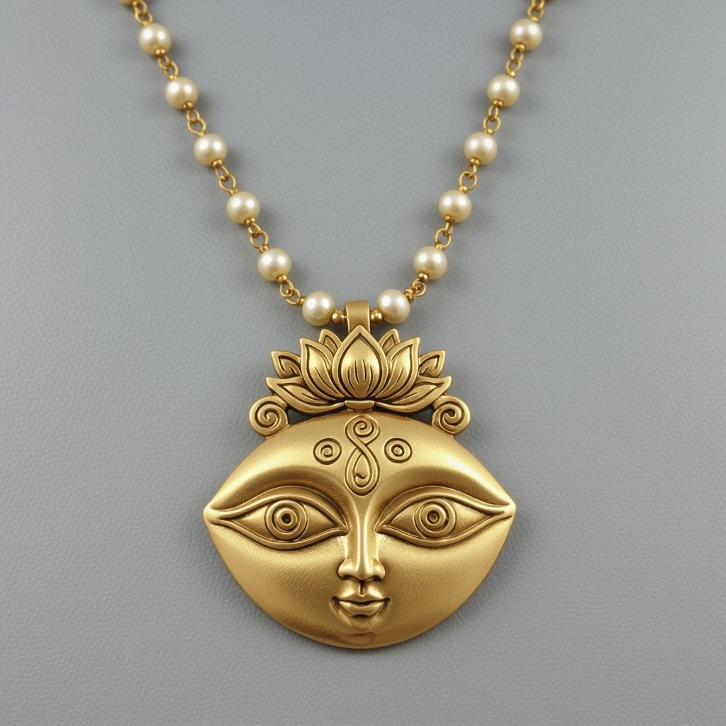 Кулон на длинной цепочке. Матовое светлое золото. В цепочке небольшие золотые шарики и жемчуг. Кулон в виде двух глаз над ними лотос узоры завитушки 