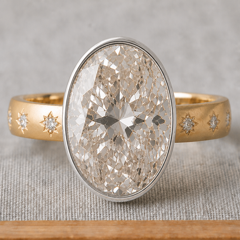 thinner bezel wall on the east-west side
edit the attached jewelry design with these instructions: thinner bezel wall on the east-west side. keep it photorealistic, just the design no text