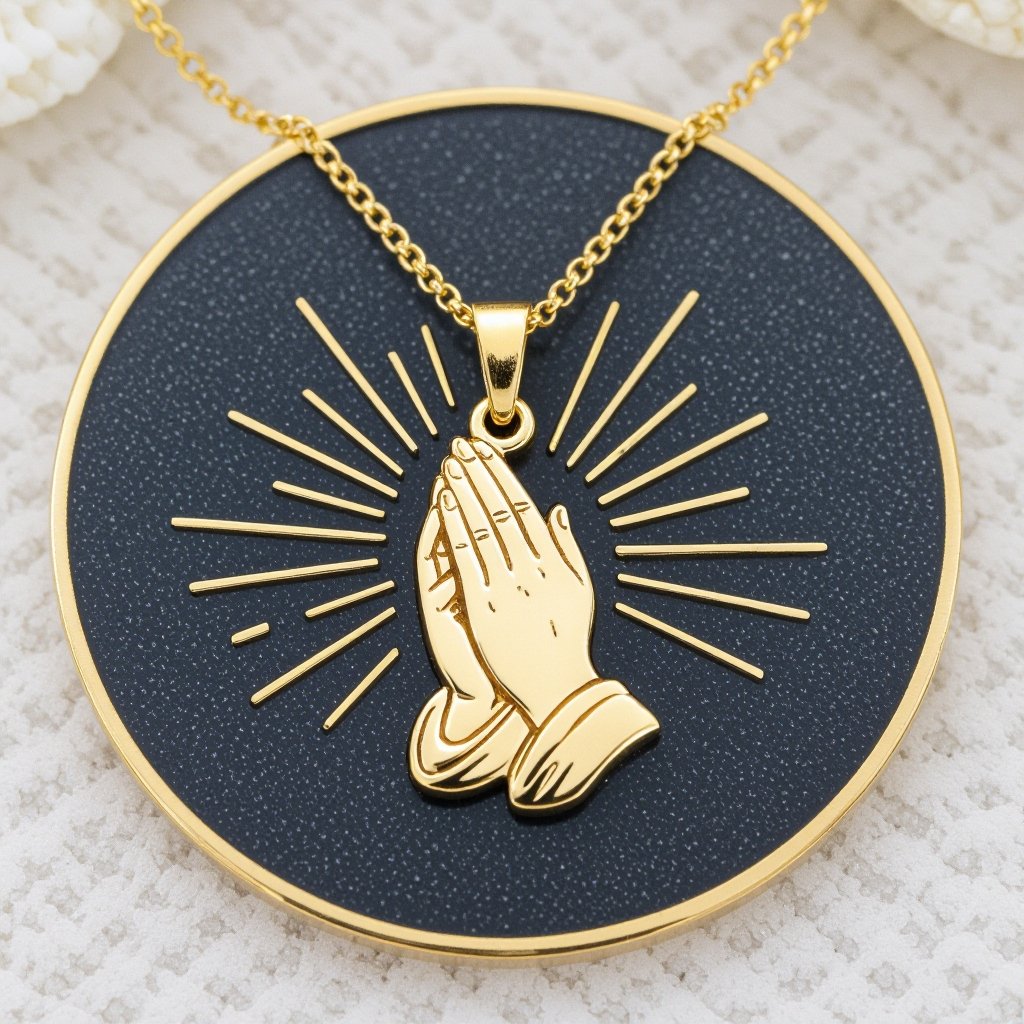 Украшение на шею золотая цепочка с подвеской в виде двух ладоней сложенных в молитве и от них исходит свет в стороны