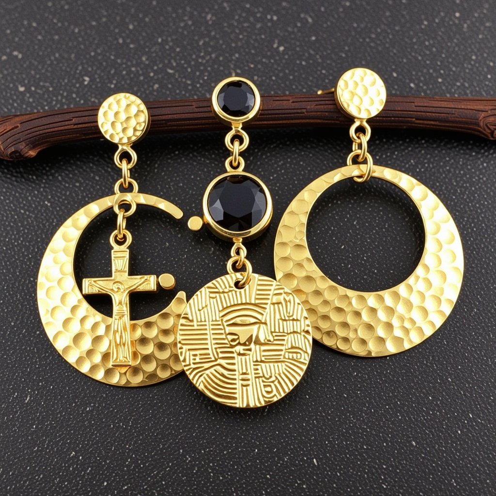 Золотые серьги словно мятое золото в форме узкого изящного полумесяца. Верхушка полумесяца крепится к застежке серьги. К нижней части полумесяца крепятся три подвески: миниатюрный золотой египетриский крест, очень маленький кристалл раухтопаза и маленький золотой кружочек с мятым эффектом плоский