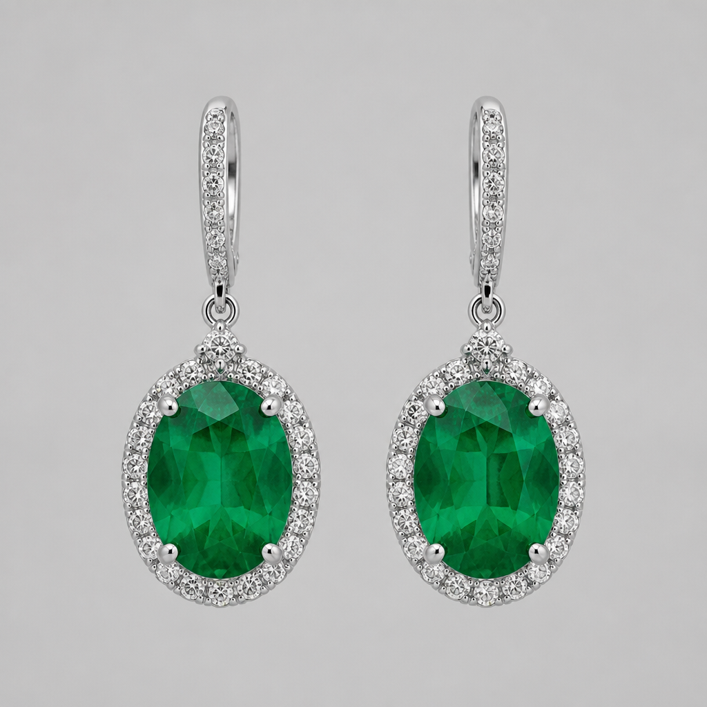 emerald earings in oval shape
photorealistic jewelry design, emerald earings in oval shape , silver style, just the design no text