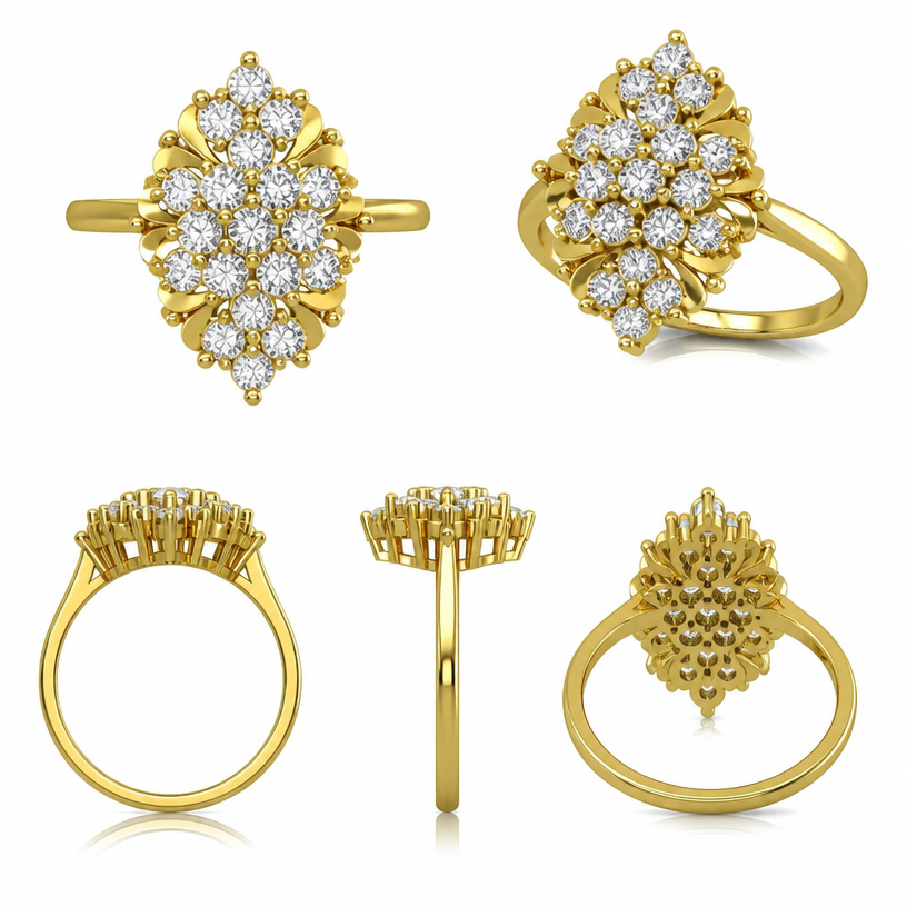 A modern women's ring made of silver. Create a 3D CAD ring design based on the reference image.
Maintain the exact flower cluster arrangement and proportions.
Use 18K yellow gold with round brilliant diamonds.
Generate a manufacturable CAD model with proper stone seats,
prongs, ring shank dimensions, and export in STL and 3DM format.
using the attached image as a visual reference, create A modern women's ring made of silver. Create a 3D CAD ring design based on the reference image.
Maintain the exact flower cluster arrangement and proportions.
Use 18K yellow gold with round brilliant diamonds.
Generate a manufacturable CAD model with proper stone seats,
prongs, ring shank dimensions, and export in STL and 3DM format.. photorealistic, just the design no text